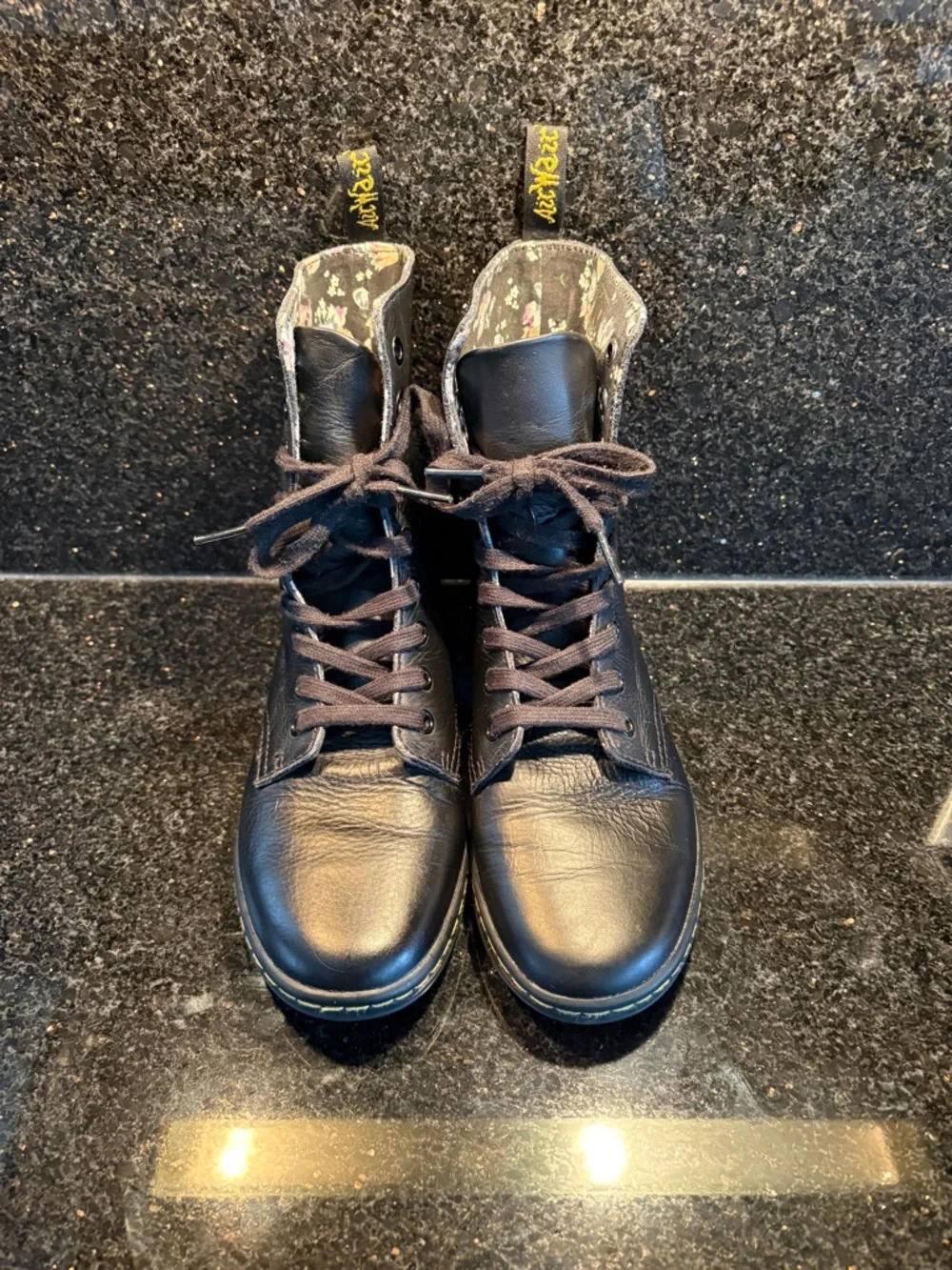 Dr. Martens Black Leather Combat Boots with Floral Lining - Picture 6 of 8